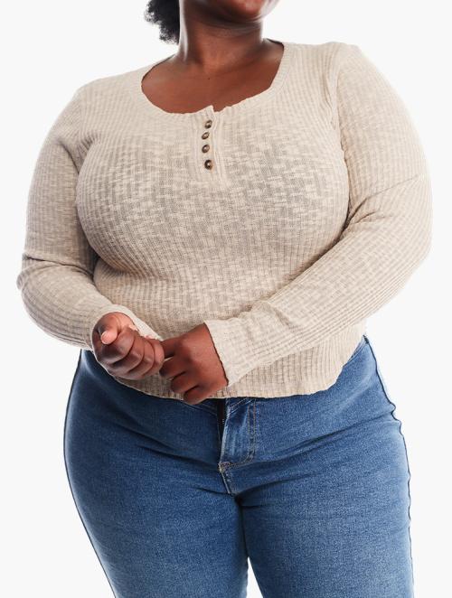 Forever 21 Curve Taupe Ribbed Long Sleeve Top