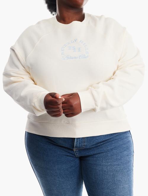 Forever 21 Curve Cream & Blue Embroidered Beverly Hills Pullover