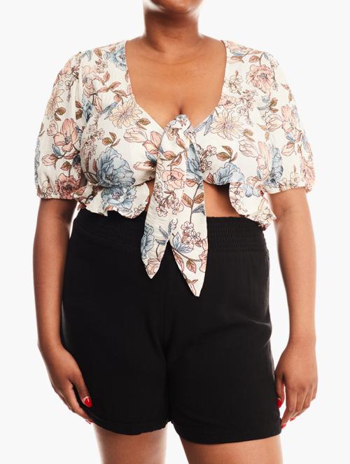 Forever 21 Curve Cream & Multicolour Tie Front Crop Top