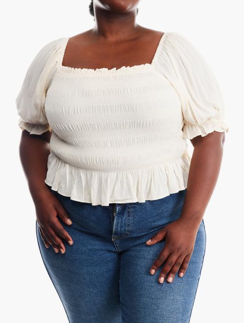 Forever 21 Curve Curve Cream Shirred Puff Sleeve Blouse