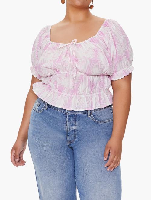 Forever 21 Curve Pink & White Tropical Leaf Print Top