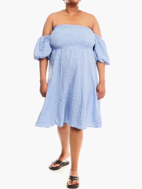 Forever 21 Curve White & Blue Striped Puff Sleeve Midi Dress