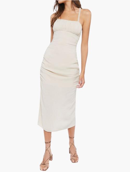 Forever 21 Sandshell Ruched Lace Back Midi Dress