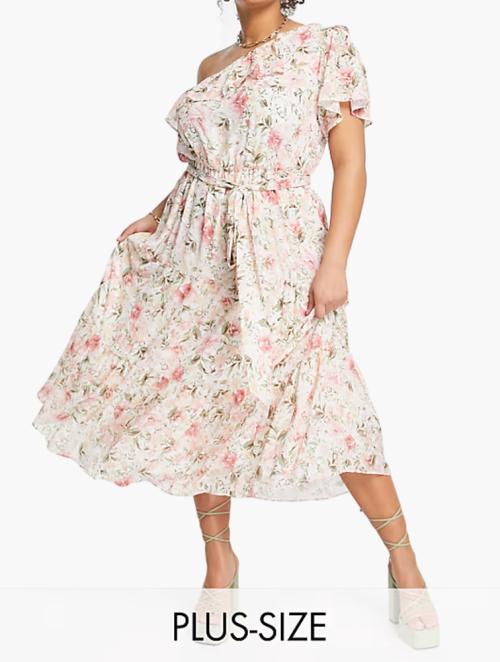 Forever New Blush Pink Floral Curve Tie Waist One Shoulder Tea Dress