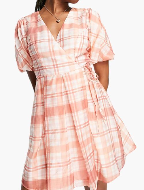 Forever New Red Check Oversized Puff Sleeve Mini Dress