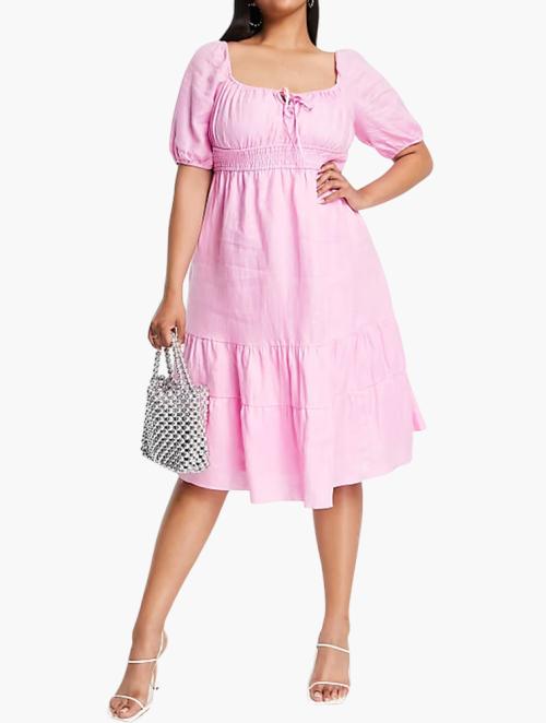 Forever New Pink Curve Puff Sleeve Tiered Tea Dress