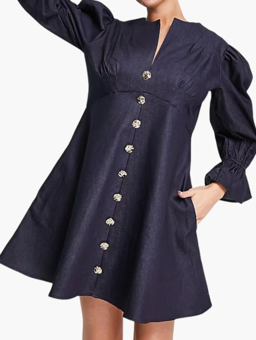 GHOSPELL Navy Puff Sleeves & Buttons Mini Dress