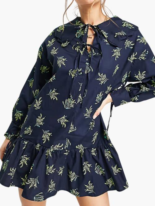 Glamorous Navy Botanical Print  Mini Smock Dress