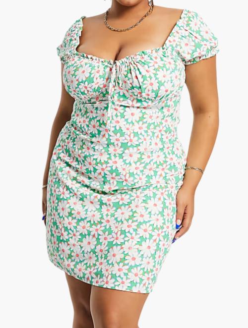 Glamorous Green Floral Curve Milkmaid Mini Dress