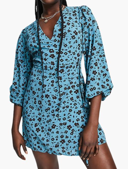 Glamorous Blue & Brown Floral Puff Sleeve Wrap Dress