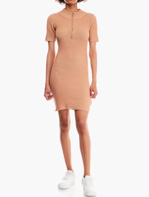 Glamorous Petite Rib Zip Neck Dress - Camel