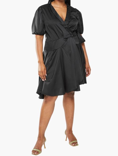 Glamorous Plus Sateen Wrap Midi Dress - Black