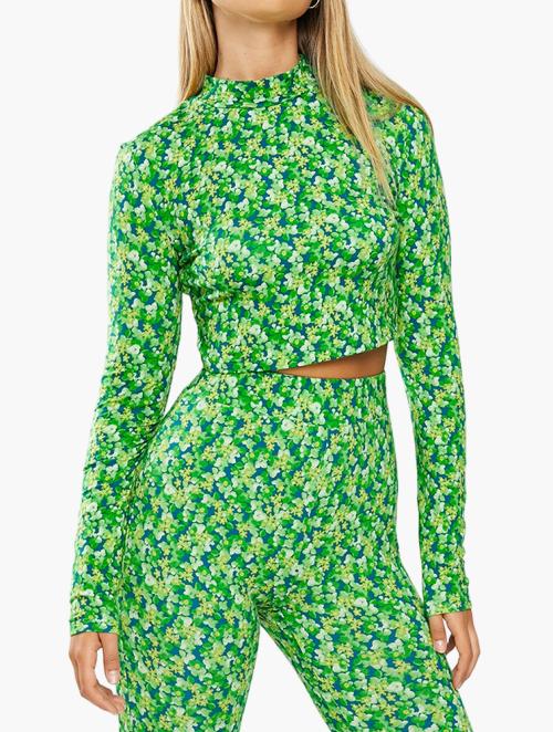 Glamorous Floral Long Sleeve Ditsy Crop Co-Ord - Lime And Blue