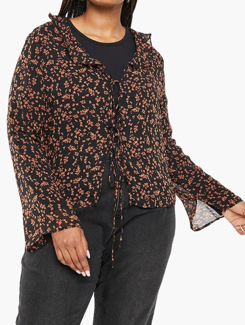 Glamorous Plus Floral Flare Blouse - Black Orange Floral