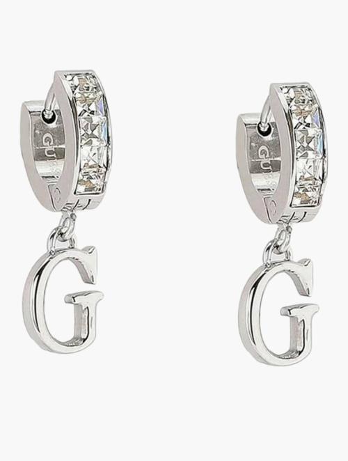 GUESS Silver Huggie Me G Logo Squared CrystalsEarrings