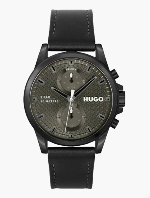 Hugo Black & Olive Green Dial Run Quartz Leather Watch