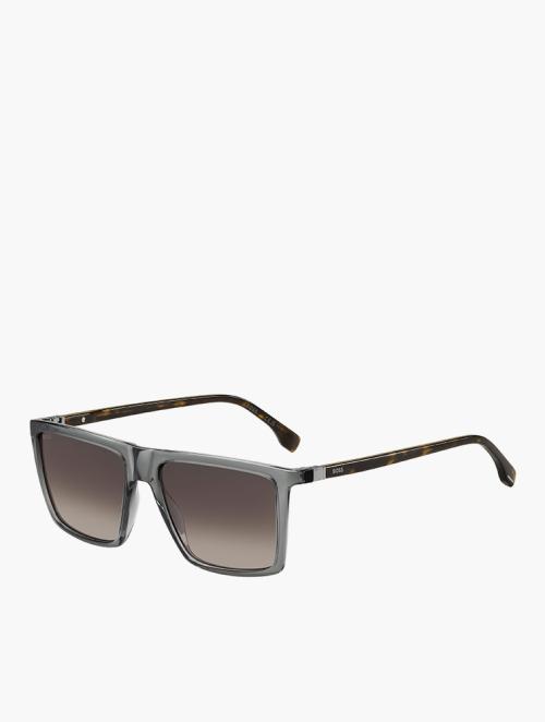 Hugo Boss Grey Havana Dark Ruthenium Rectangular Flat Top Sunglasses