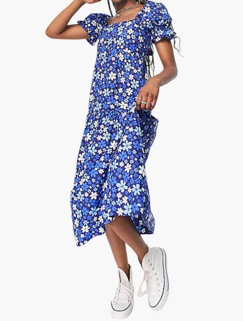 Influence  Blue Floral Print Puff Sleeve Midi Dress