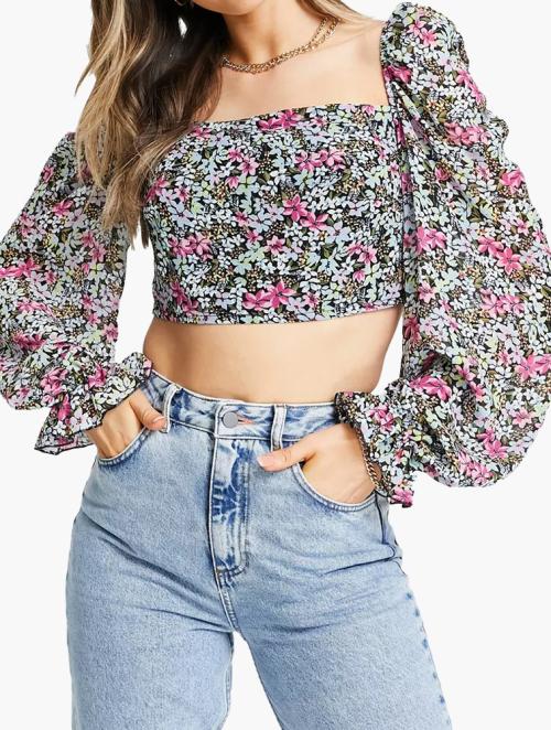 In the Style  Multi Floral Print Puff Sleeve Top