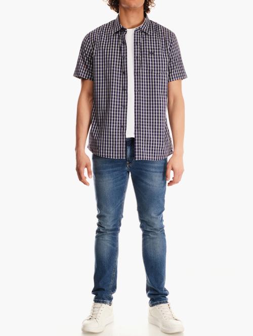 Jeep Navy & Butter Short Sleeve Yarn Dyed Check Shirt
