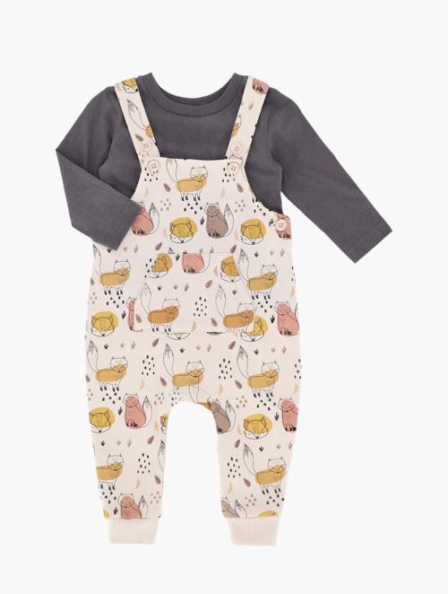 Keedo Infants Stone Cartoon Fox Fleece Dungaree Set