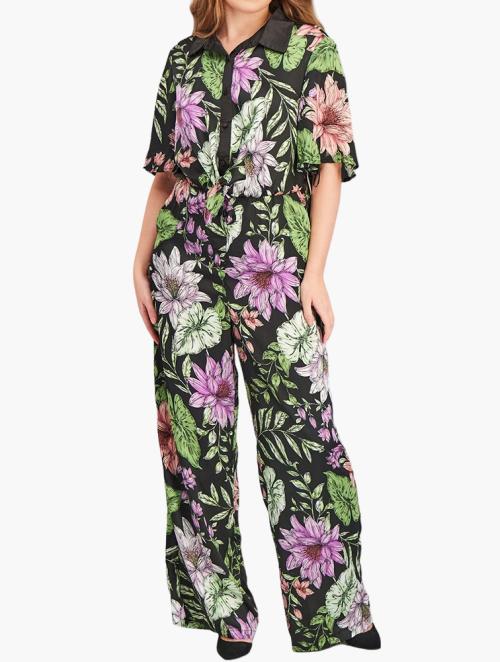 Liquorish Black & Multi Tropical Floral Print Jumpsuit