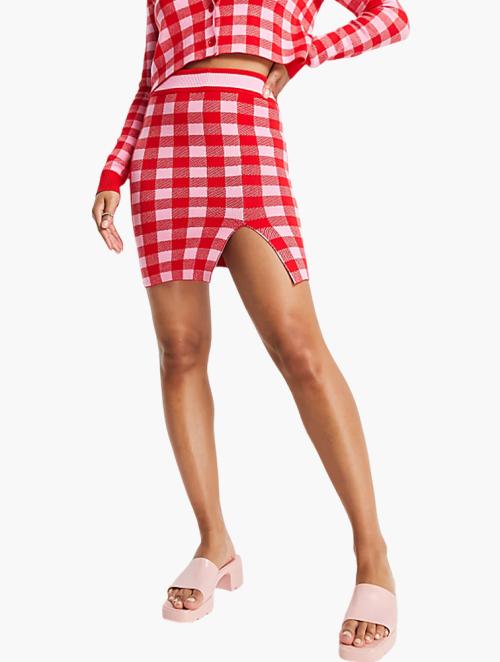 Liquorish Red & Pink Check Knit Mini Skirt