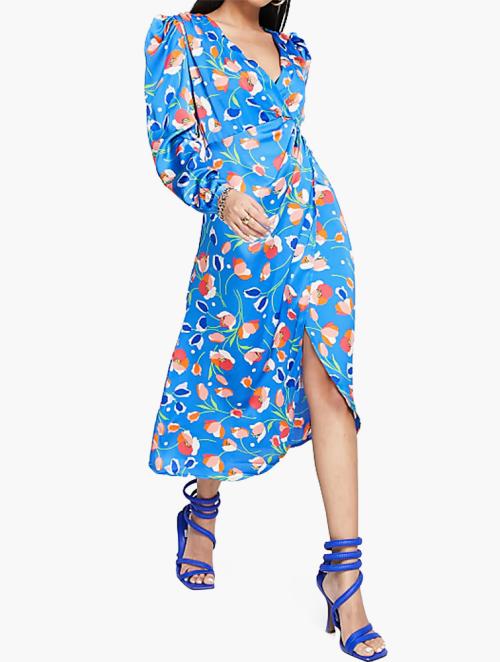 Liquorish Blue Floral Wrap Midi Dress