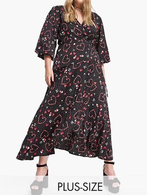 Liquorish Black Heart Print Midi Wrap Dress