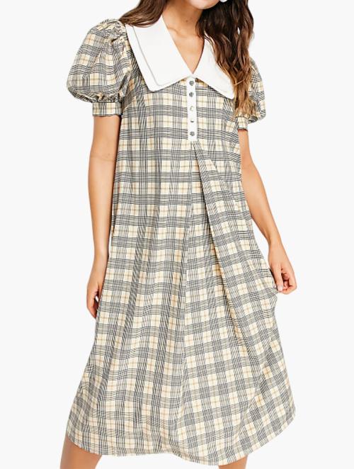 Lost Ink Multi Check Puff Sleeve Midi Dress