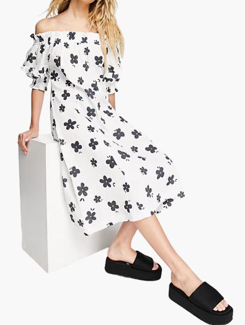 Lost Ink White Floral Print Off-shoulder Midi Dress