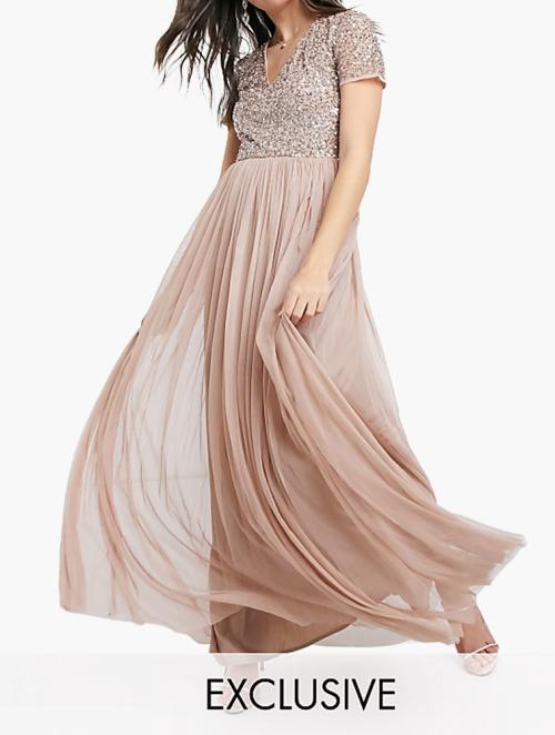 Maya Taupe Blush V Neck Maxi Tulle Dress