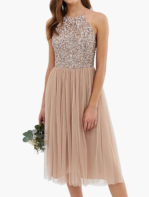 Maya Taupe Blush Halter Neck Midi Tulle Dress