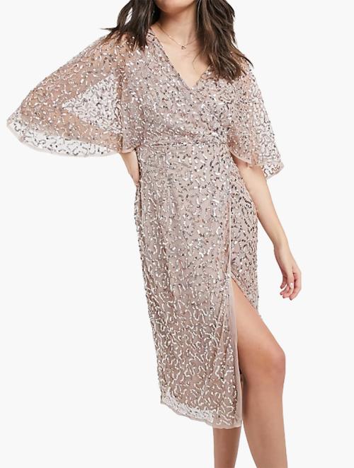 Maya Taupe Blush Delicate Sequin Wrap Midi Dress