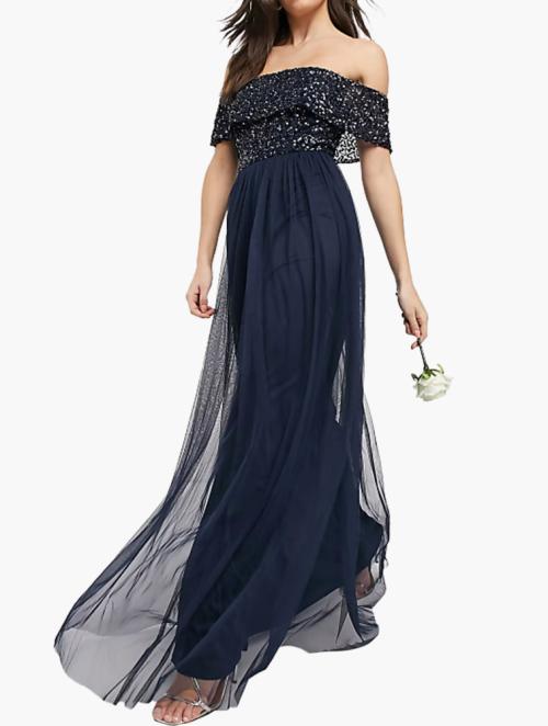 Maya Navy Bardot Maxi Tulle Dress