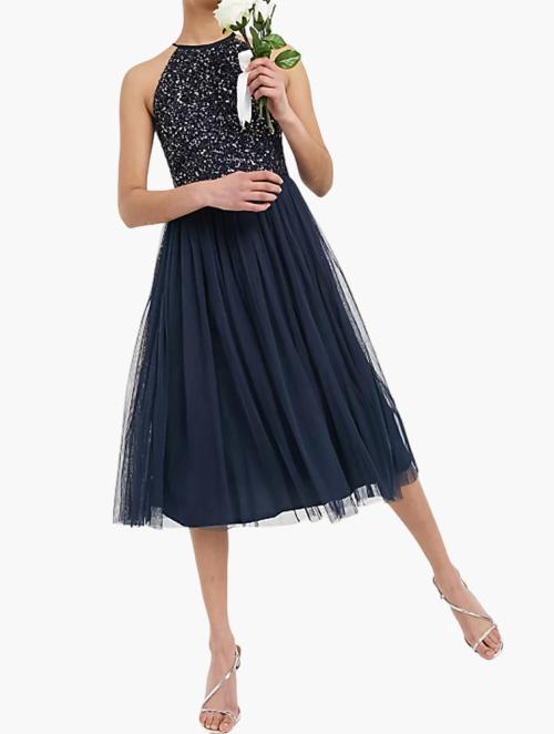 Maya Navy Halter Neck Midi Tulle Dress