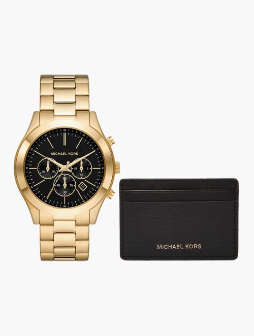 Michael Kors Gold Round Runway Watch & Slim Card Case Set