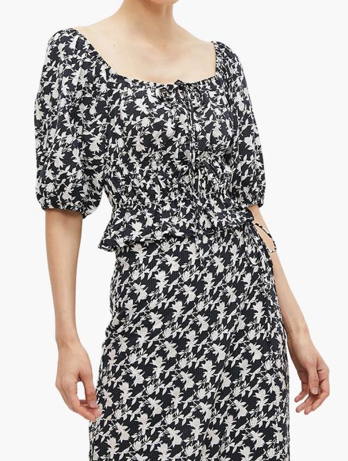 MILLA Co-Ord Tie Front Top - Black & White Floral