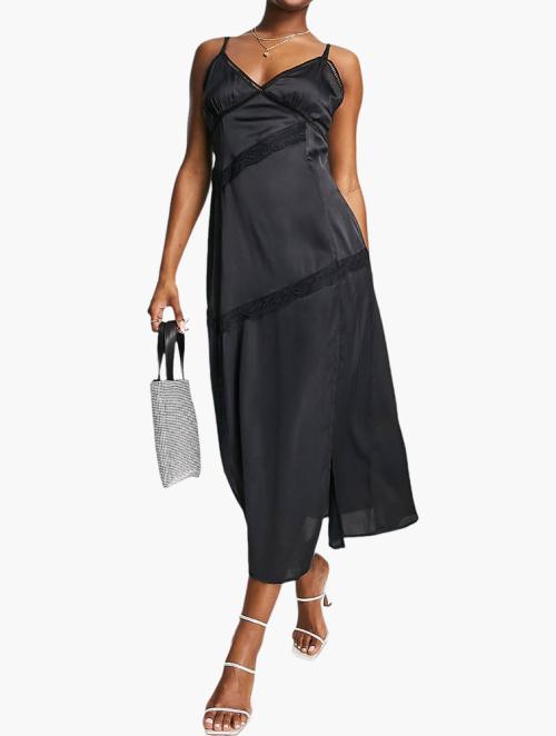 Missguided Black Satin Dress With Lace Insert