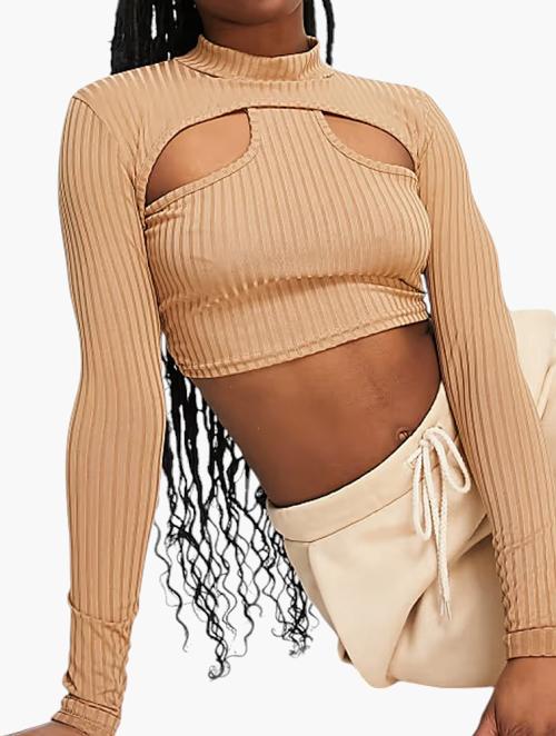 Missyempire Camel Ribbed High Neck Cut Out Crop Top