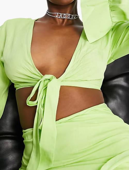 Missyempire Lime Co-Ord Linen Look Tie Front Crop Top