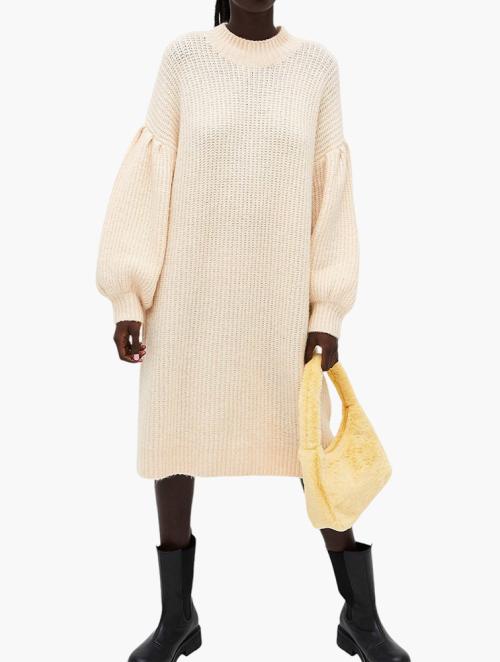 Monki Beige Puff Sleeve Knitted Midi Dress