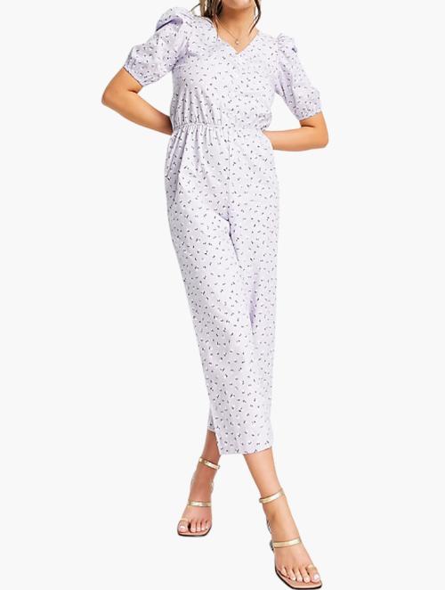 Monki Lilac Floral Print Puff Sleeves Jumpsuit