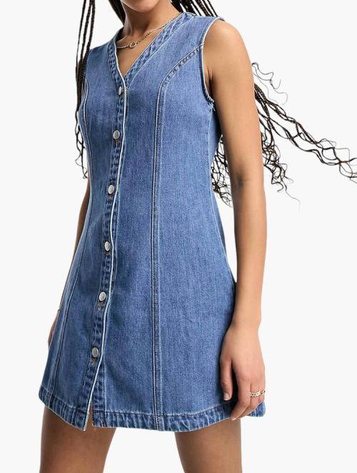 Monki Blue Cotton Denim Button Up Mini Dress