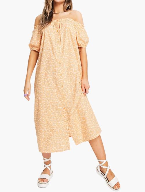 Monki Peach Floral Bardot Puff Sleeve Midi Dress 