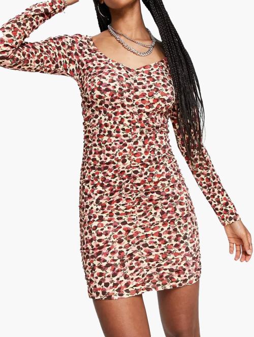 Monki Cream & Multi Print Gathered Front Mini Dress