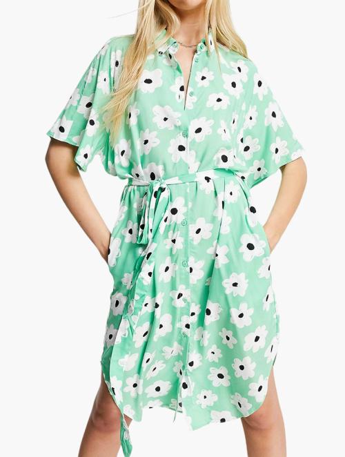 Monki Green Floral Print Midi Shirt Dress