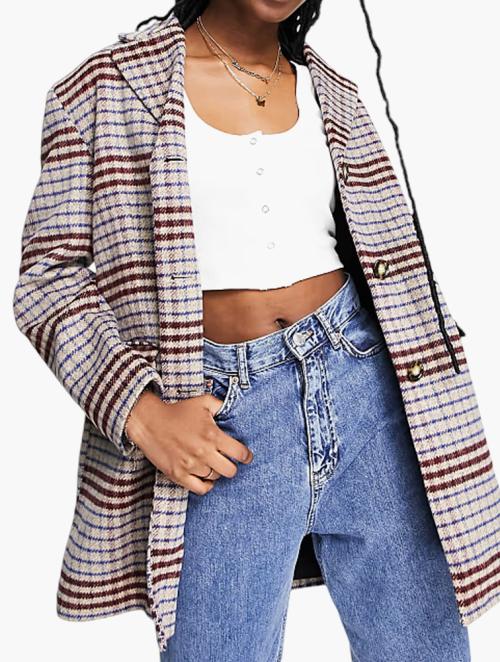 Monki Brown Boucle Wool Houndstooth Outdoor Blazer