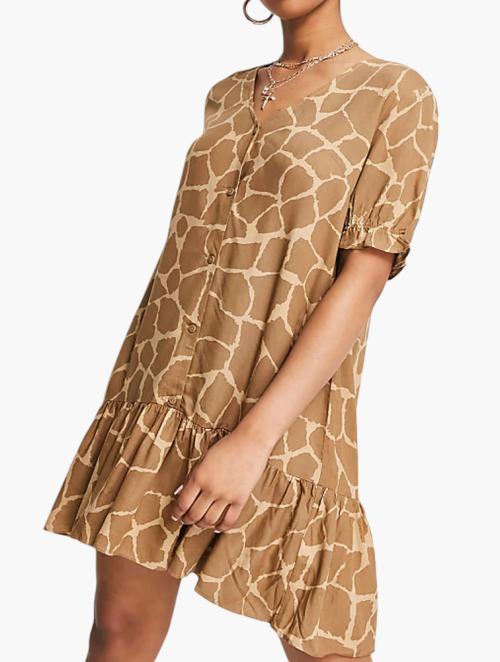 Monki Brown Giraffe Print Button Through Mini Dress