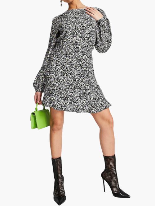 NA-KD Black Floral Long Sleeve Open Back Mini Dress